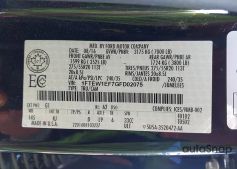 2016 Ford F-150 King Ranch z USA, uszkodzony, nr VIN 1FTEW1EF7GFD02075